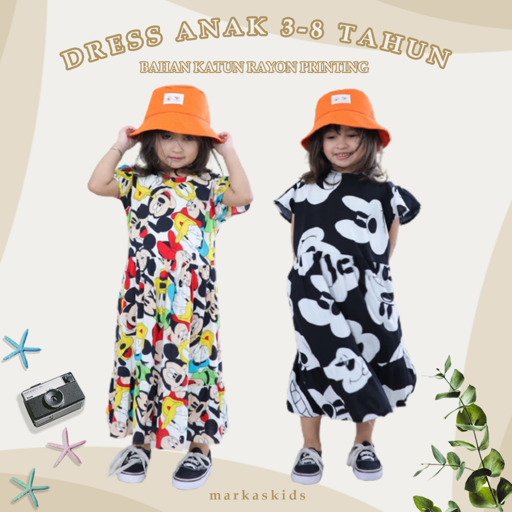 Dress Anak Markaskids motif mickey dan salur 3-8 tahun setelan baru