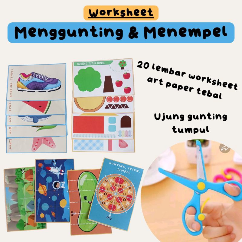 Mainan Edukasi Menggunting dan Menempel Pola Paper Cut Worksheet Anak Scissors skill