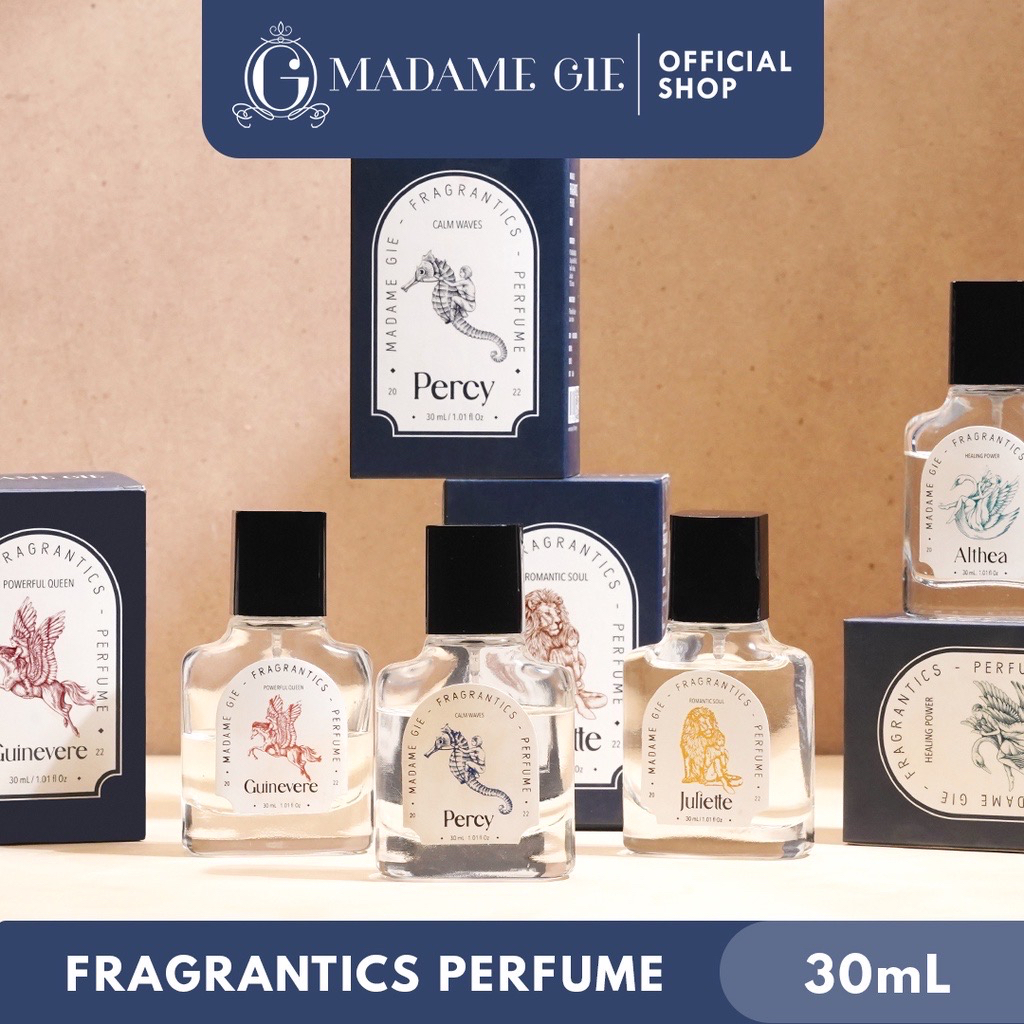 MADAME GIE Madame Fragrantics Perfume Indonesia / Eau De Parfume Unisex 30ml / Fragrance EDP / Long Lasting Tahan Lama / Variasi Althea Juliette Percy Guinevere / Pengharum Pewangi Minyak Wangi Harum Tubuh Badan / Skincare Body Care Series / EDT Toilette