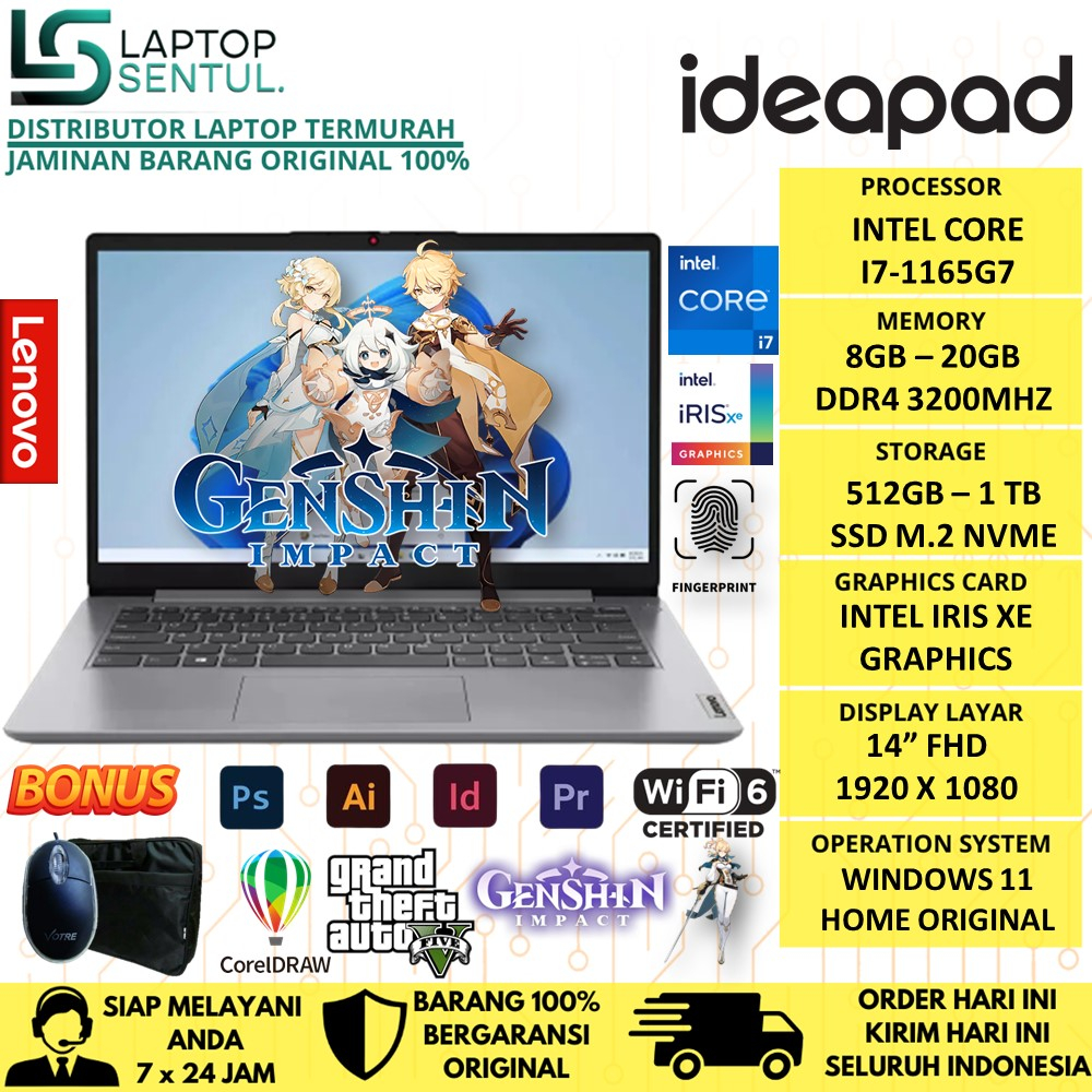Laptop Lenovo Ideapad 3i Intel i7 1165G7 RAM 20GB SSD 512GB 14 FHD Windows 11 Home Terlaris