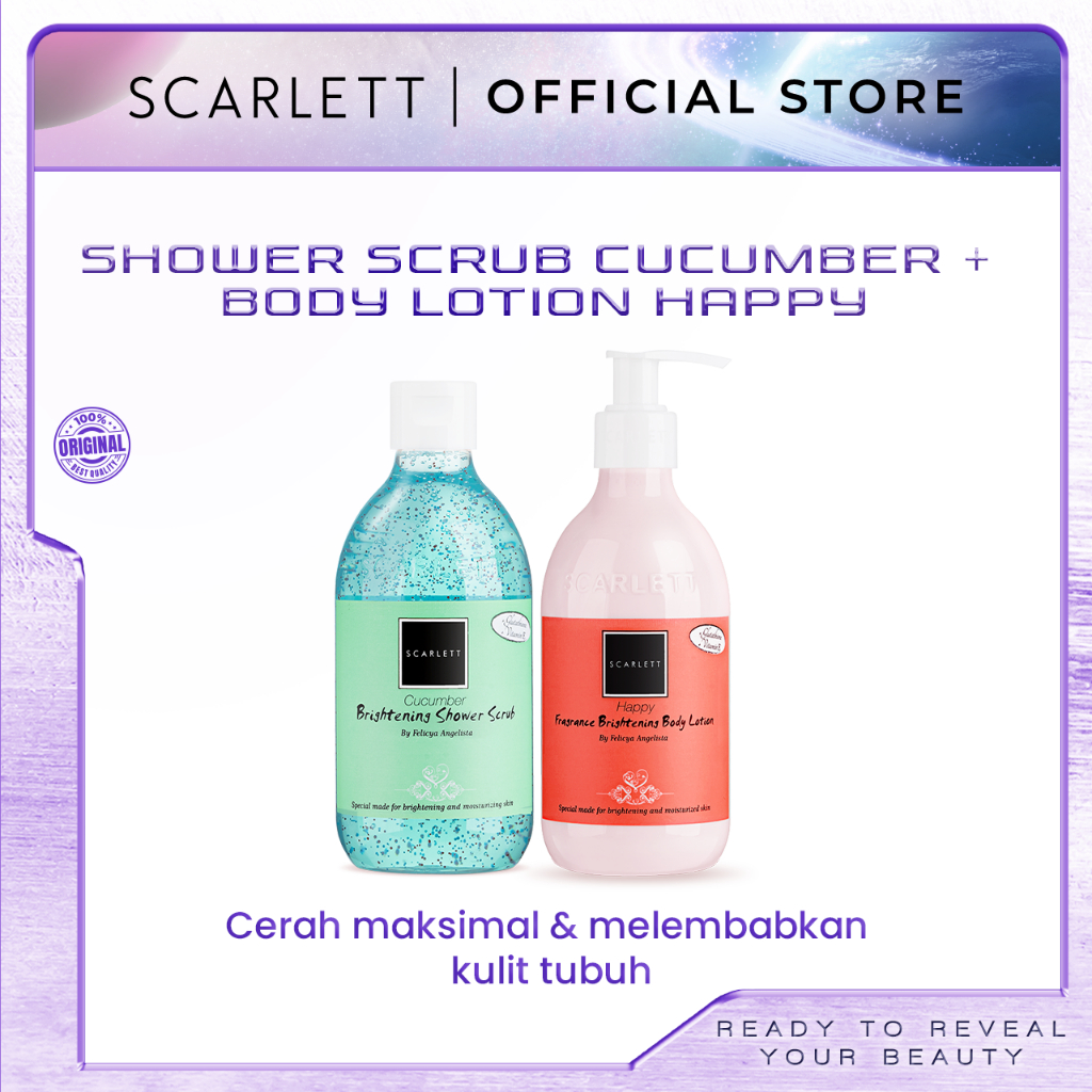 Scarlett Whitening Shower Scrub Cucumber + Scarlett Whitening Body Lotion Happy membersihkan dan mel