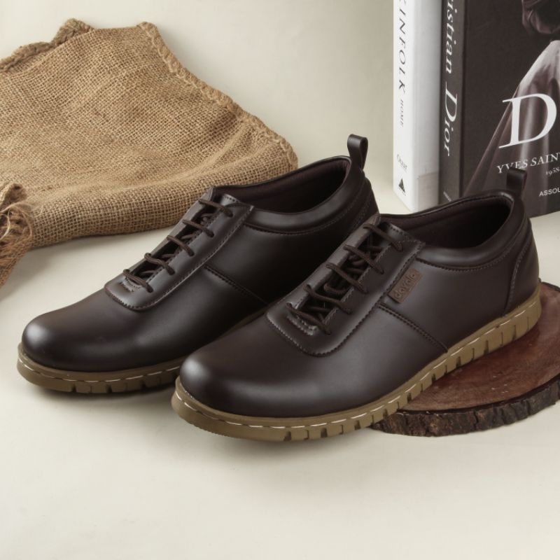 davalo Sepatu Formal Pria Kasual Santai Dark Brown Model Tali SOL Dijahit Kombinasi