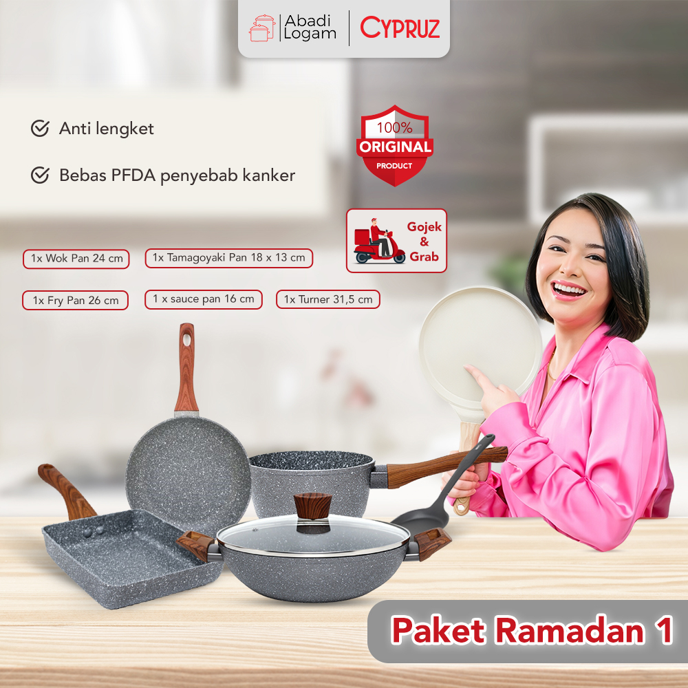 Cypruz Paket Ramadan 1 Panci Set Cookware marble Pan Stein Teflon Granit wajan anti lengket