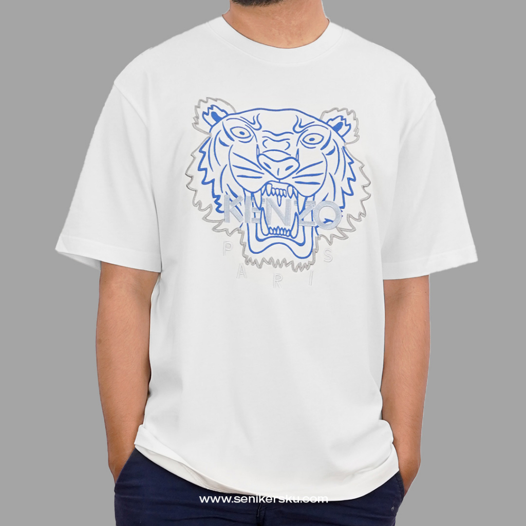 Kenzo Tiger Blue Grey Embroidered White Tee