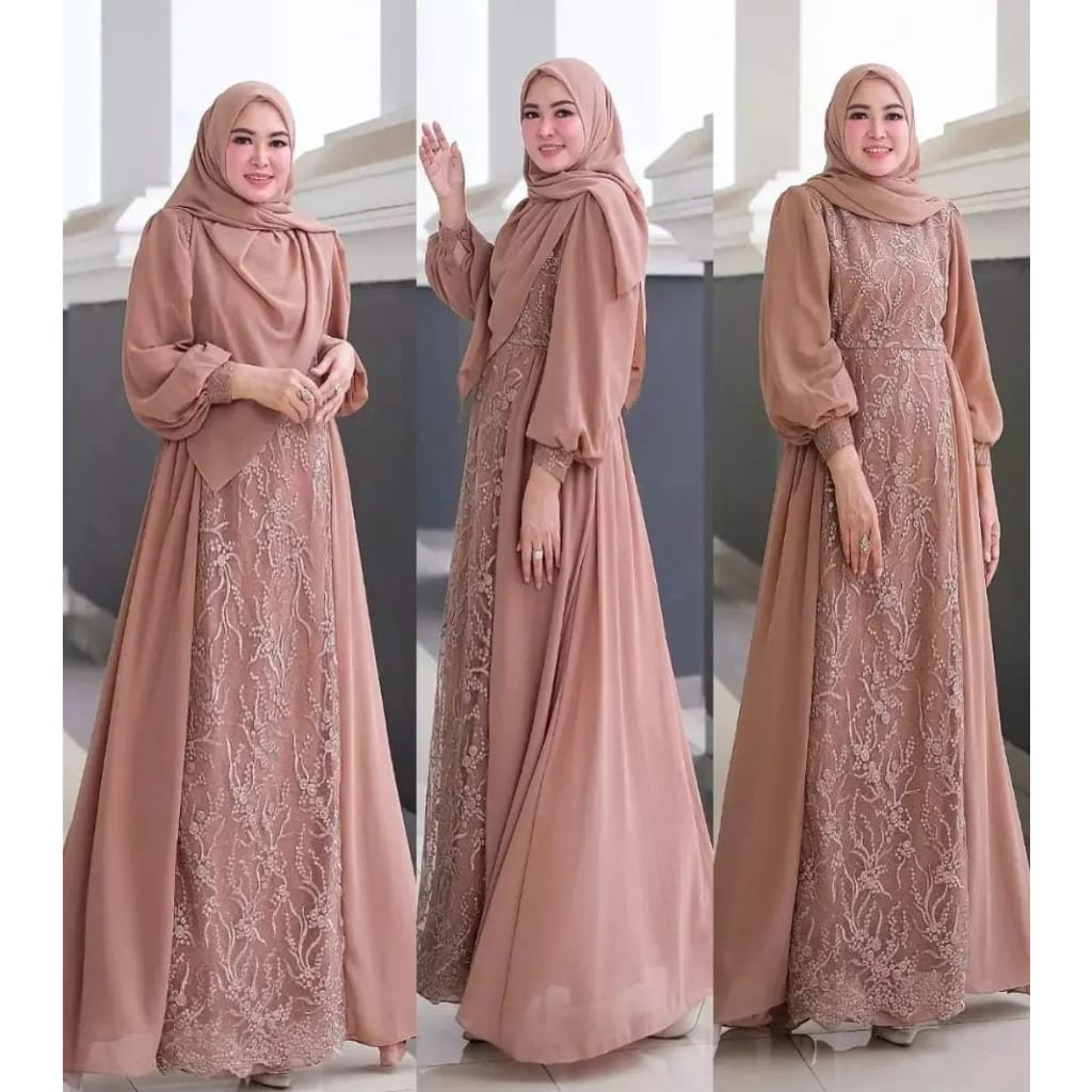 Zaskia Dress Kondangan Bridesmaid Dress/ Gamis Brukat Jumbo/ Gamis Ceruty Babydoll Full Furing/ Baju Muslim Gaun Pesta