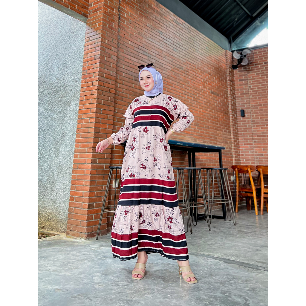 Longdress Wanita Gaun Panjang Dress Maxi Lengan Panjang Kekinian Resleting Depan Busui Ld 110 cm