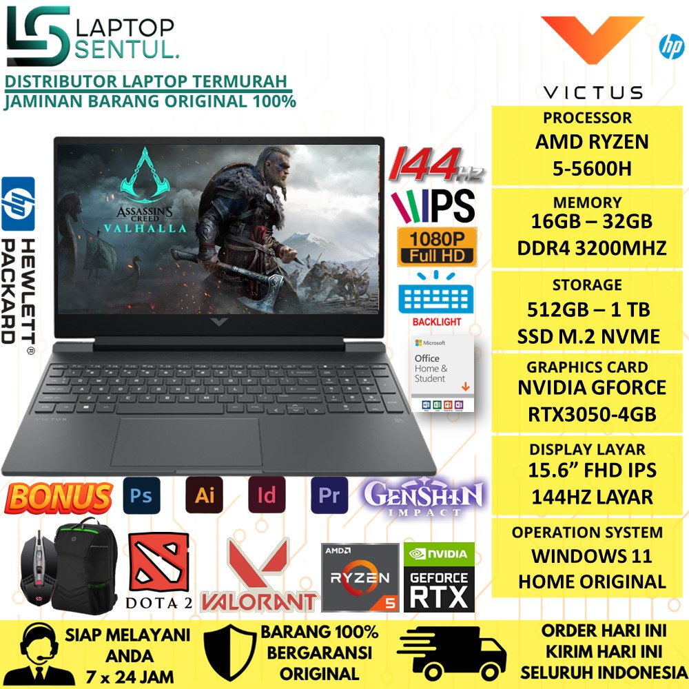 LAPTOP HP VICTUS 15 GAMING FB0009AX AMD RYZEN 5 5600H RAM 32GB SSD 512GB RTX3050 4GB 144HZ WINDOWS 11 ORIGINAL TERMURAH