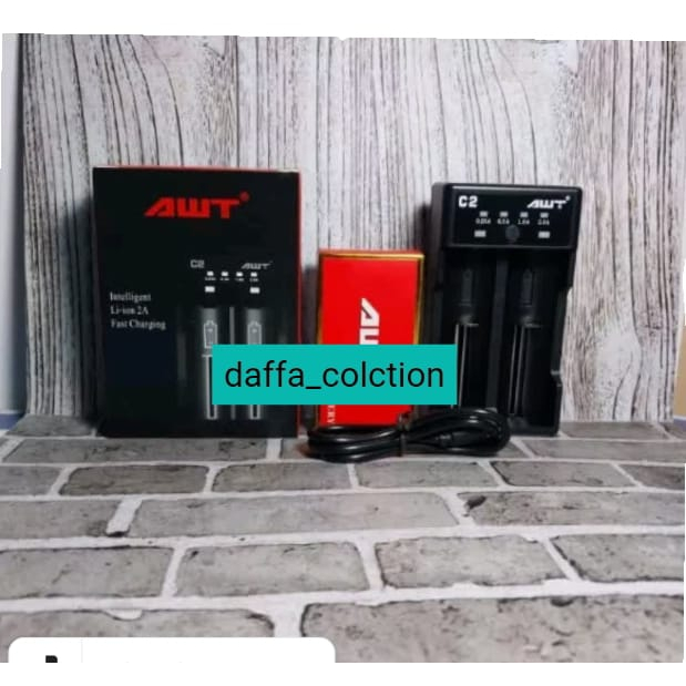 paket lengkap carger awt plus 2 pcs batre awt merah 3000mah