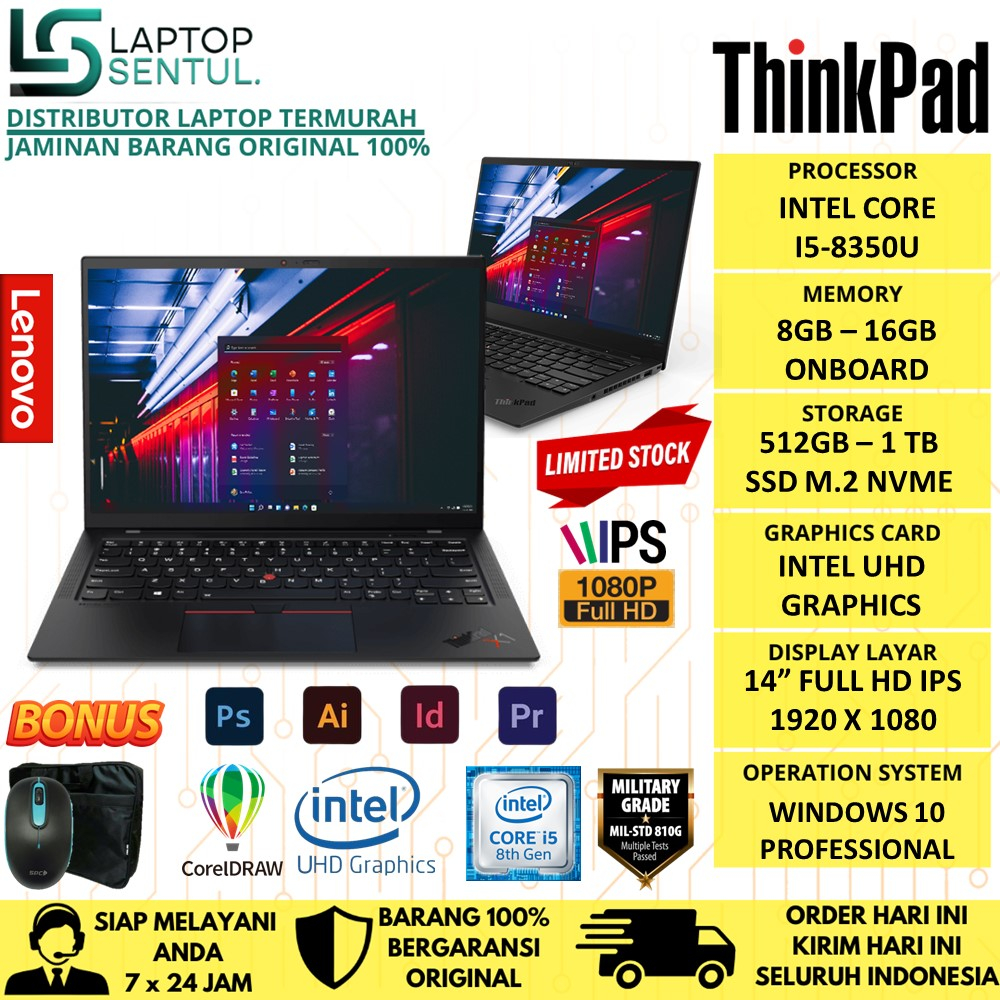 Laptop Lenovo Thinkpad X1 Carbon 6th Gen i7 Generasi 8 RAM 16GB SSD 1TB FHD WINDOWS 10 ORIGINAL BERGARANSI