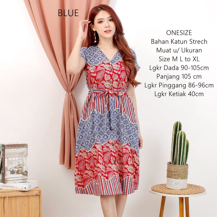 Dress Batik Wanita Ikat Pinggang Baju Terusan Leher V Gaun Modern Katun Strech Fit Size M L to XL