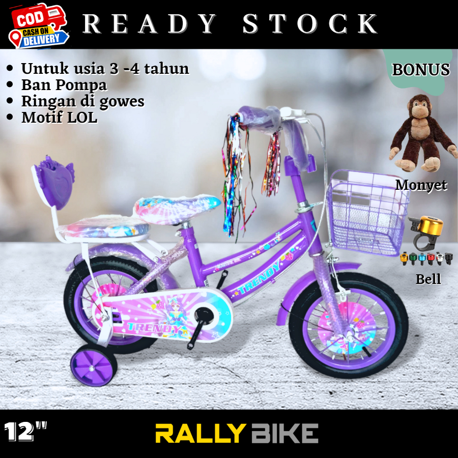 Sepeda sepedah anak perempuan cewek usia umur 3 th sampai 4 th tahun ukuran 12" inc roda 4 pink dan 