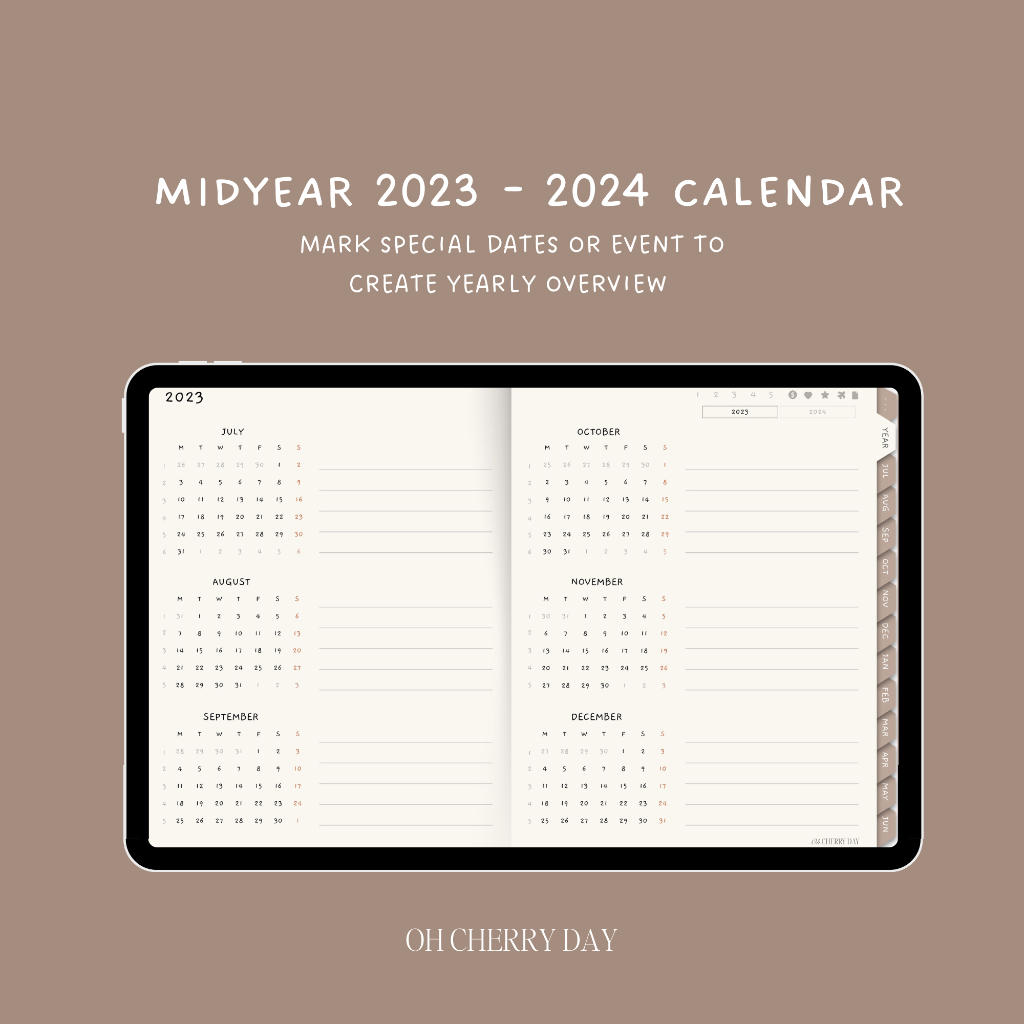 Digital Planner Dated Midyear 2023/2024 untuk iPad/Tablet Digital Bujo Bullet Journal Notebook