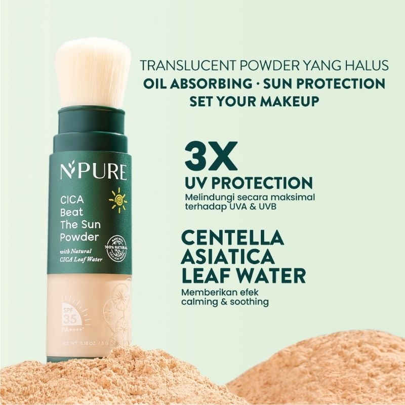 Sunscreen Npure Powder Cica Beat Teh Sun Spf 35+ PA++++ Tabir Surya Npure Acne Bedak Brush