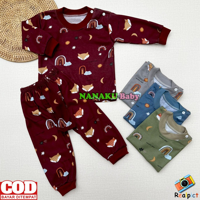 Setelan Baju Bayi Piyama Bayi Lengan Panjang Kancing Pundak Motif Printing Pelangi Usia 3-12 Bulan Anababy