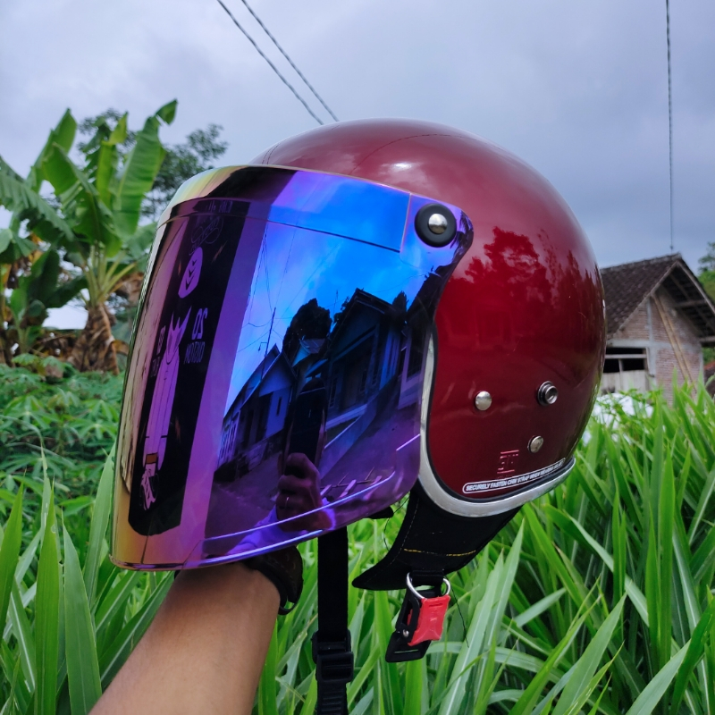 HELM BOGO KACA VENOM RETRO LIST CHROME FULL LEHER TERBARU