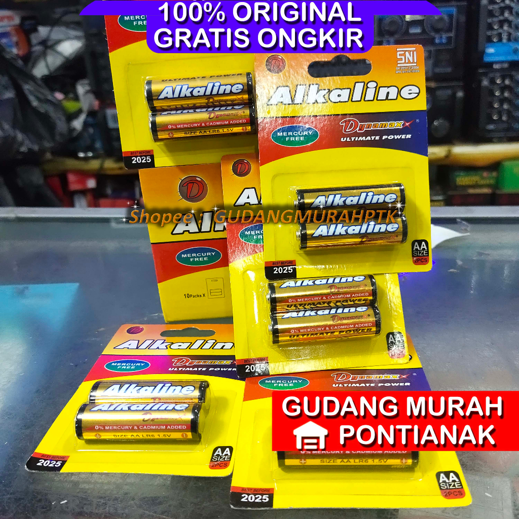 Baterai ALKALINE AA A2 isi 2 buah perpapan DAYA TAHAN KUAT dan TIDAK MUDAH BOCOR DYNAMAX Cocok untuk jam dinding dan remote dan barang lain yang memakai Baterai ukuran Sedang A2