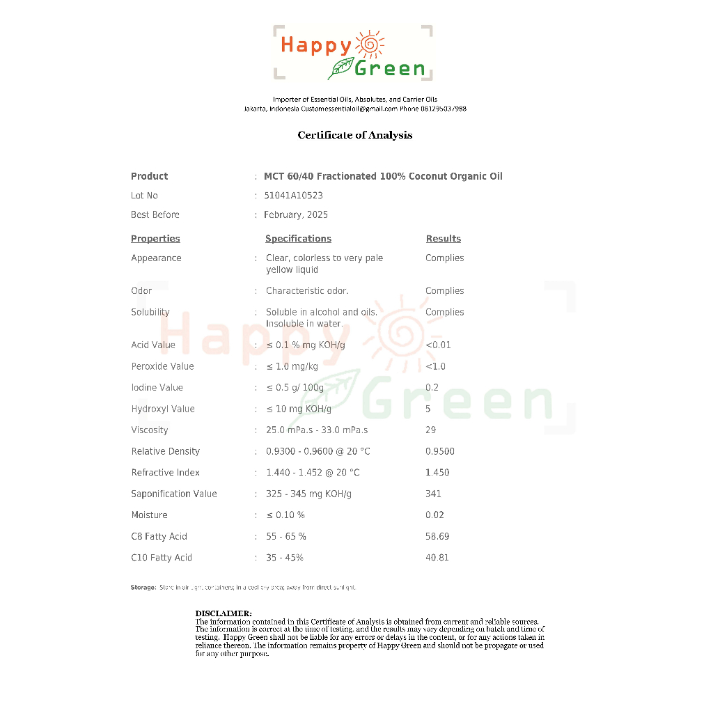 Happy Green MCT Oil Organic (Fractionated Coconut Oil)