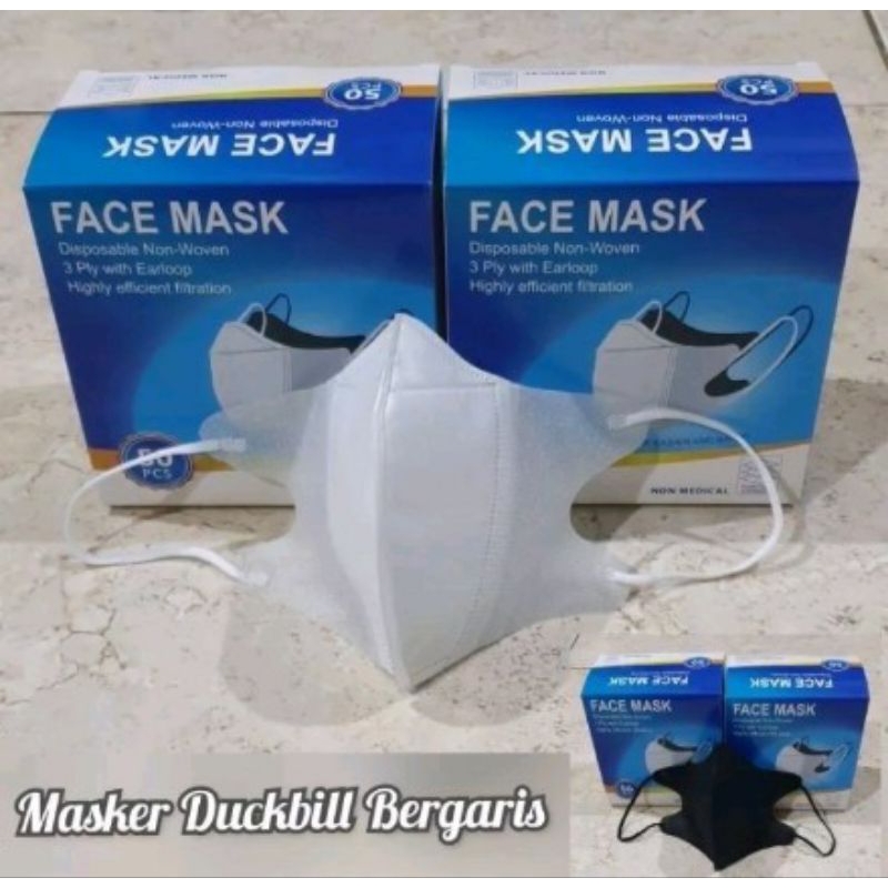 (PER BOX )MASKER DUCKBILL 3PLY BERGARIS PERBOX ISI 50 PCS PUTIH HITAM