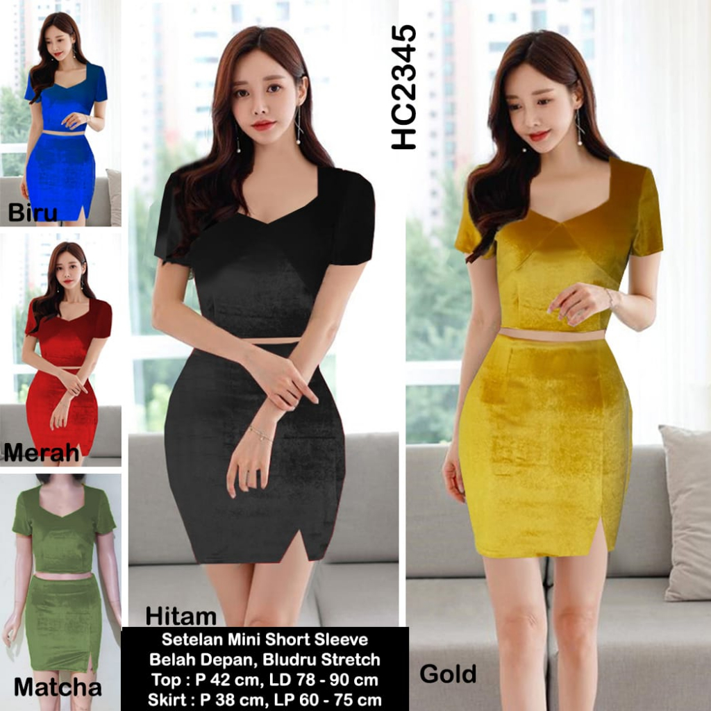 HC2345 Setelan Mini Short Sleeve Belah Depan Bludru Stretch  / Setelan Bludru / Setelan Rok Mini / Mini Dress Seksi / Sexy Minidress Beludru / Setelan Mini Dress / Setelan Wanita