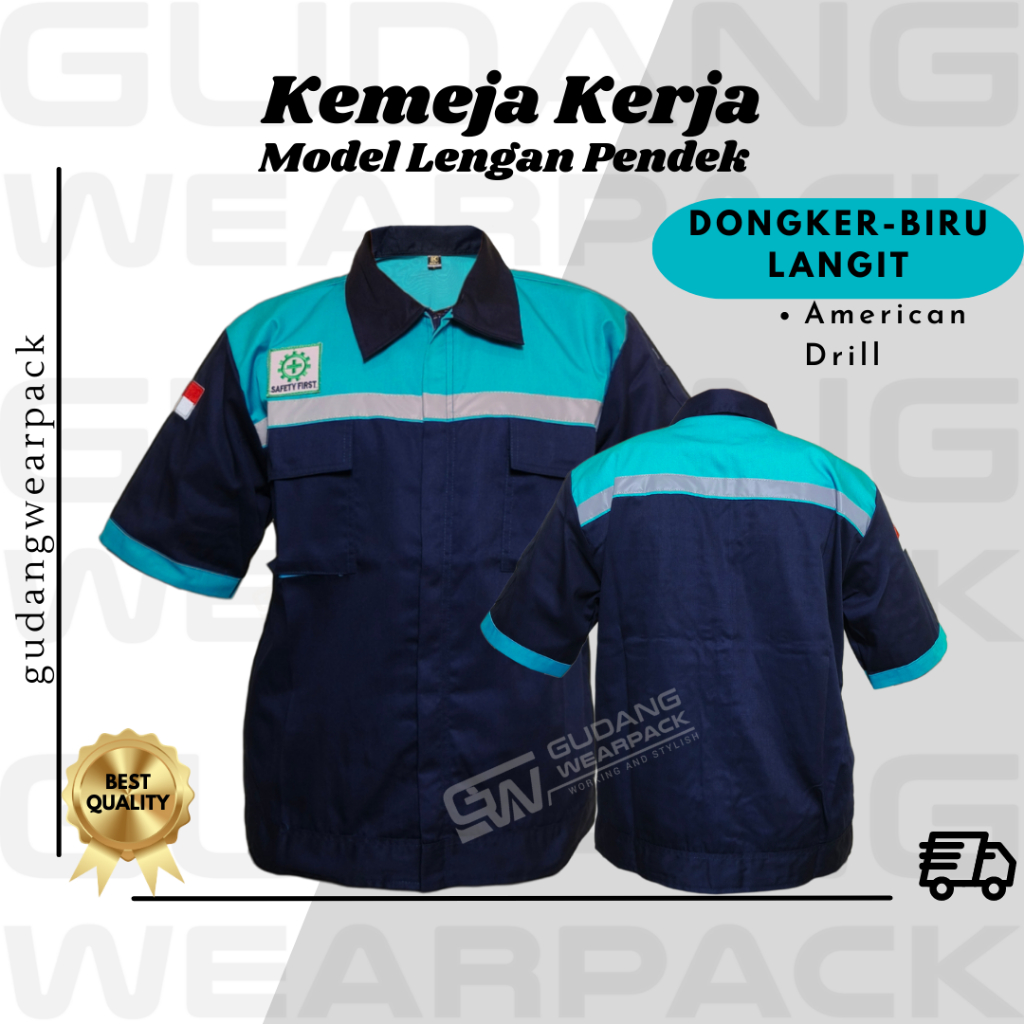 Gudang Wearpack - Kemeja Kerja Seragam Proyek Lengan Pendek Warna Dongker - Biru Langit