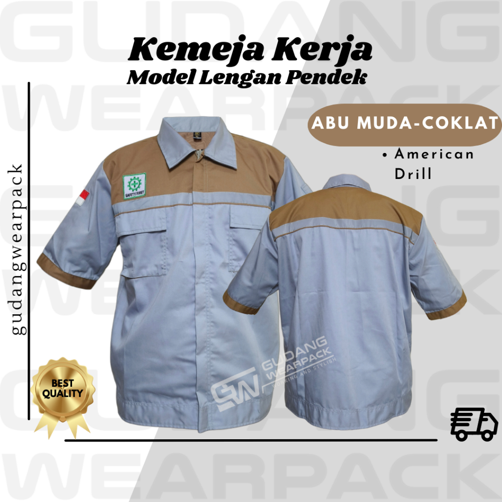 Gudang Wearpack - Kemeja Kerja Seragam Proyek Lengan Pendek Warna Abu Muda - Coklat