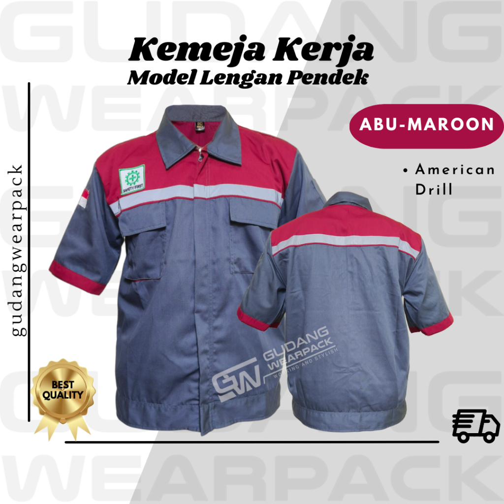 Gudang Wearpack - Kemeja Kerja Seragam Proyek Lengan Pendek Warna Abu Maroon