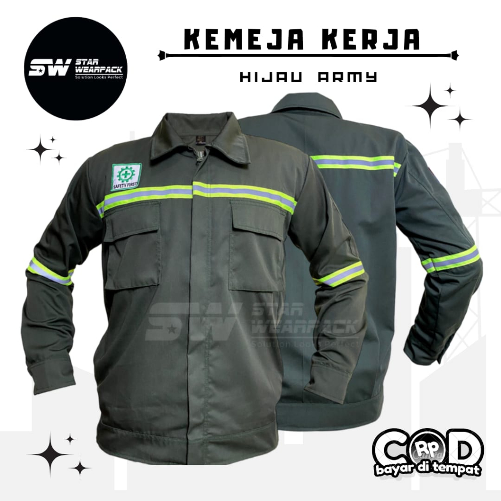 Star Wearpack - Baju Kerja Proyek Kemeja Lengan Panjang Hijau Army Polos