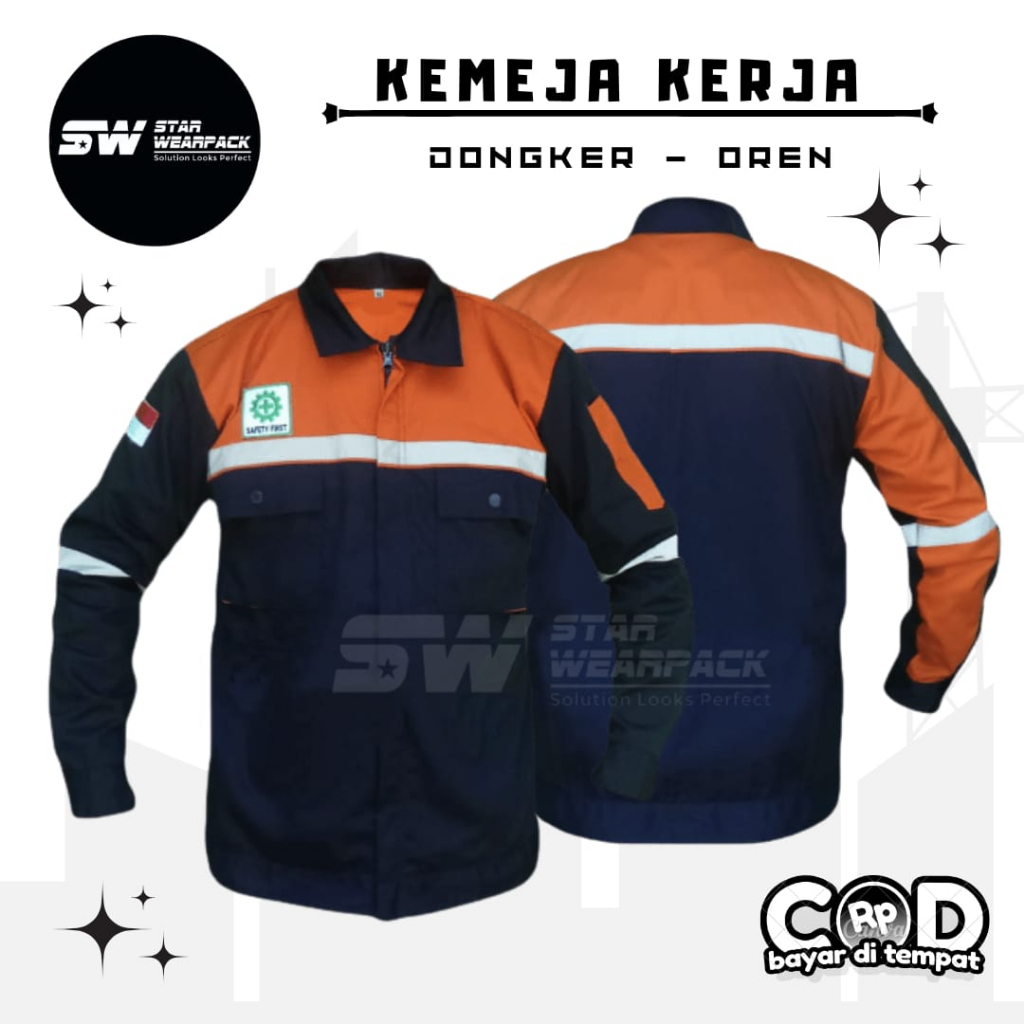 Star wearpack - Kemeja Kerja Proyek Lengan Panjang Warna Dongker Kombinasi Oren