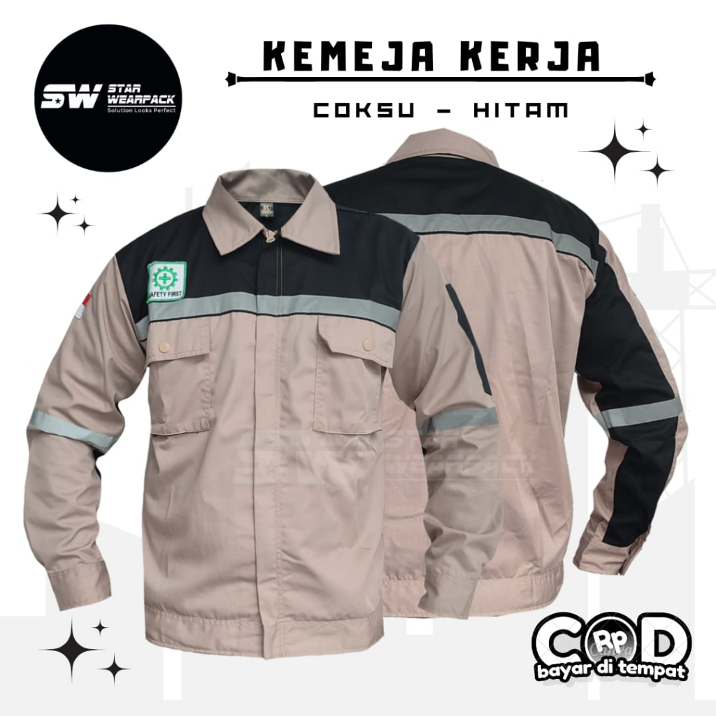 Star Wearpack - Baju  Kerja Proyek  Resleting Lengan Panjang Warna Coksu Kombinasi Hitam