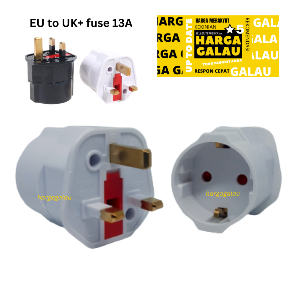 Adaptor Plug EU Indonesia to UK + 13A fuse Protection tipe C ke type G Inggris Malta Malaysia Singapura Hong Kong Bangladesh Bhutan Brunei Darussalam Saudi Arabia Kamboja  Ghana Guyana