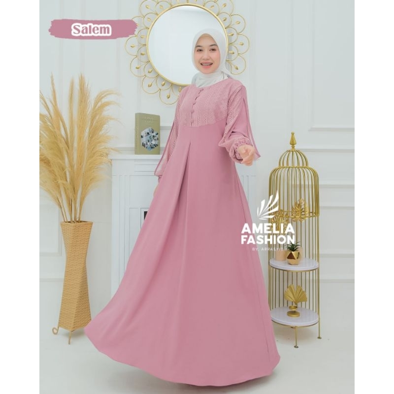 KANAYA DRESS ORI AMELIA FASHION DRESS CRINGKLE KOMBINASI BRUKAT MALIKA TERBARU