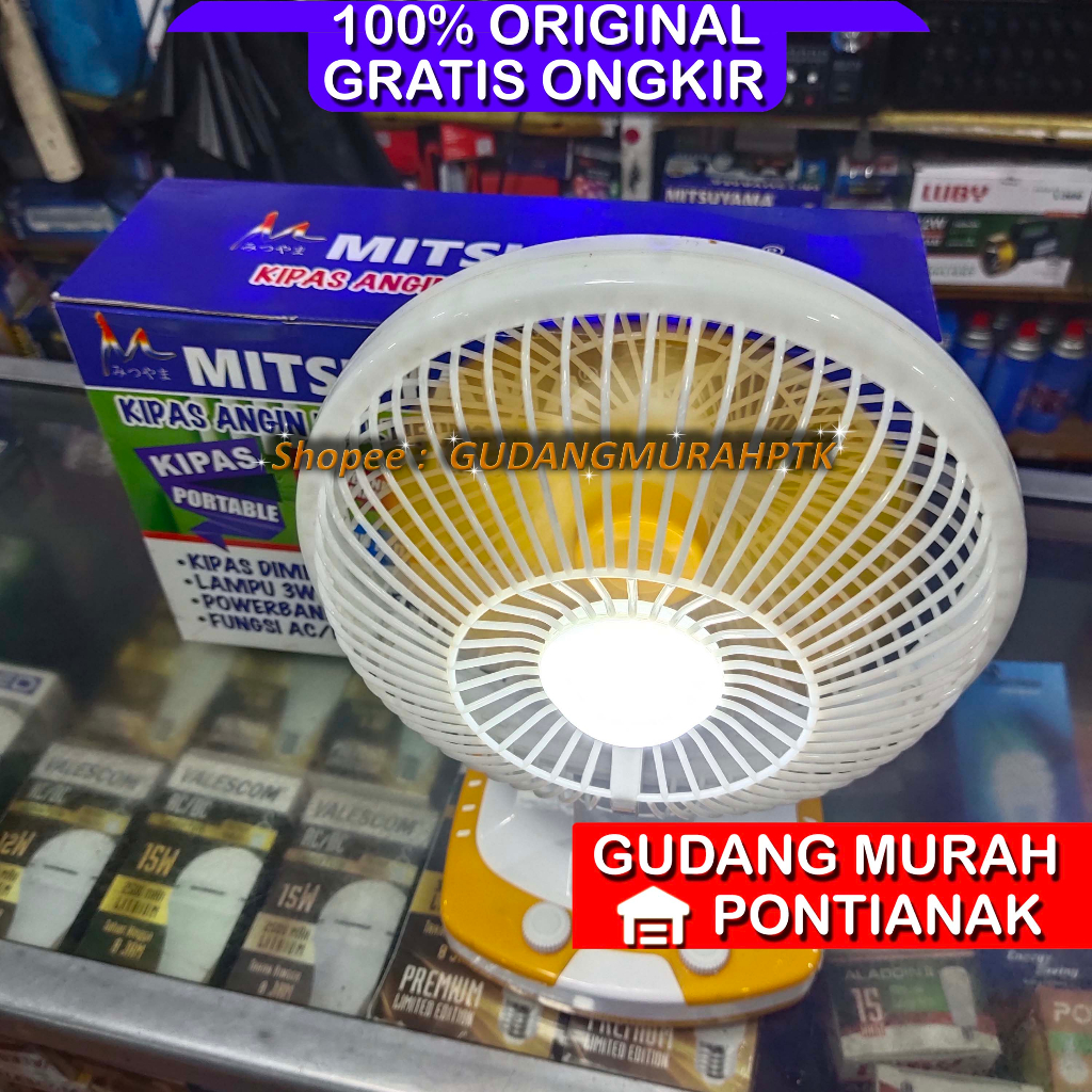 Kipas Angin Meja dan Dinding Lampu Portable Besar USB 8 Inch Mitsuyama MS-5539 Kipas Charge Desk fan + Emergency Lamp