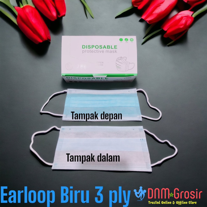 Masker Earloop Biru Embos 3 ply Kemenkes isi 50 Pcs