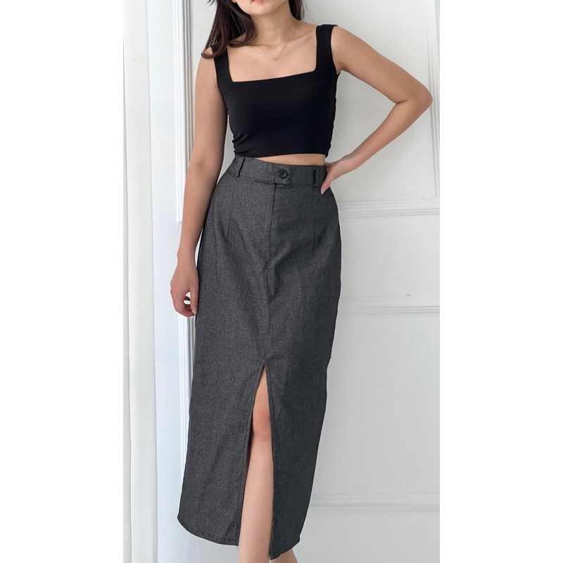 IWEARGRACIE - OLIVER DENIM SLIT SKIRT / ROK WANITA / ROK KERJA / ROK MIDI