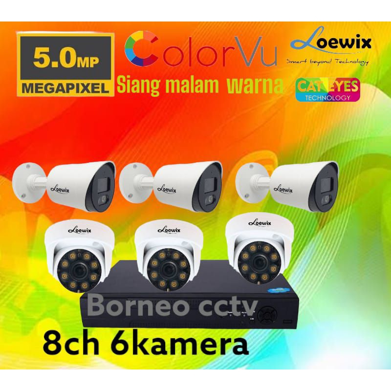 PAKET CCTV COLORVU 5MP 8 CHANNEL 6 KAMERA LOEWIX FULL COLOR SIANG MALAM