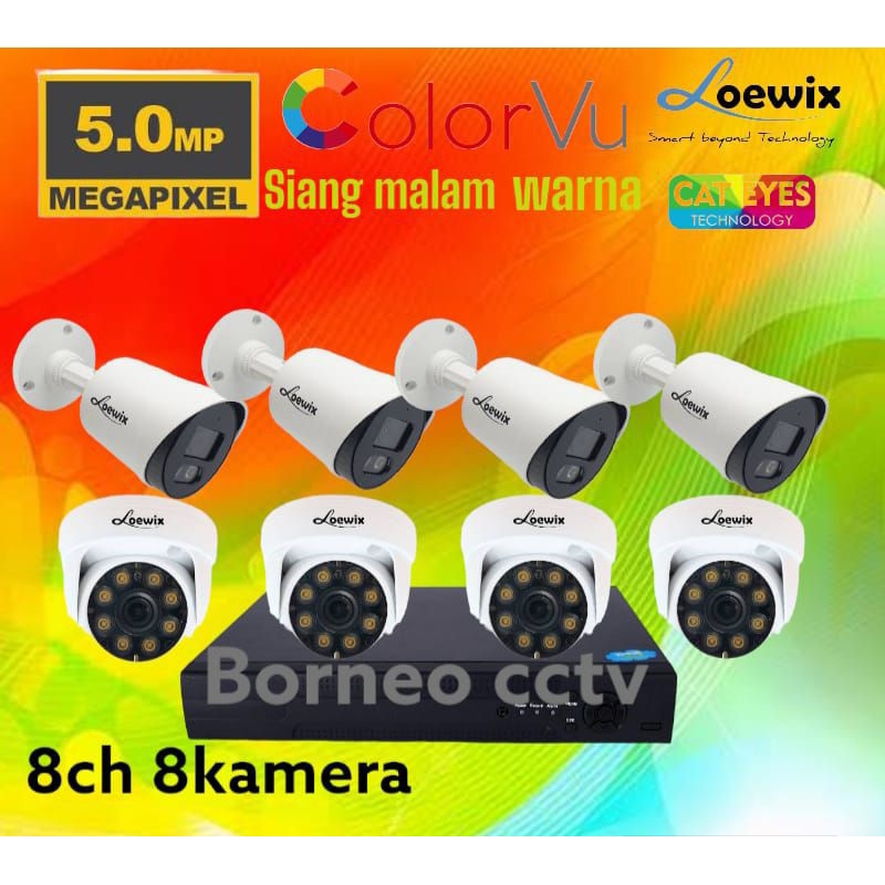 PAKET CCTV 5MP COLORVU 8 CHANNEL 8 KAMERA LOEWIX FULL COLOR WARNA SIANG MALAM