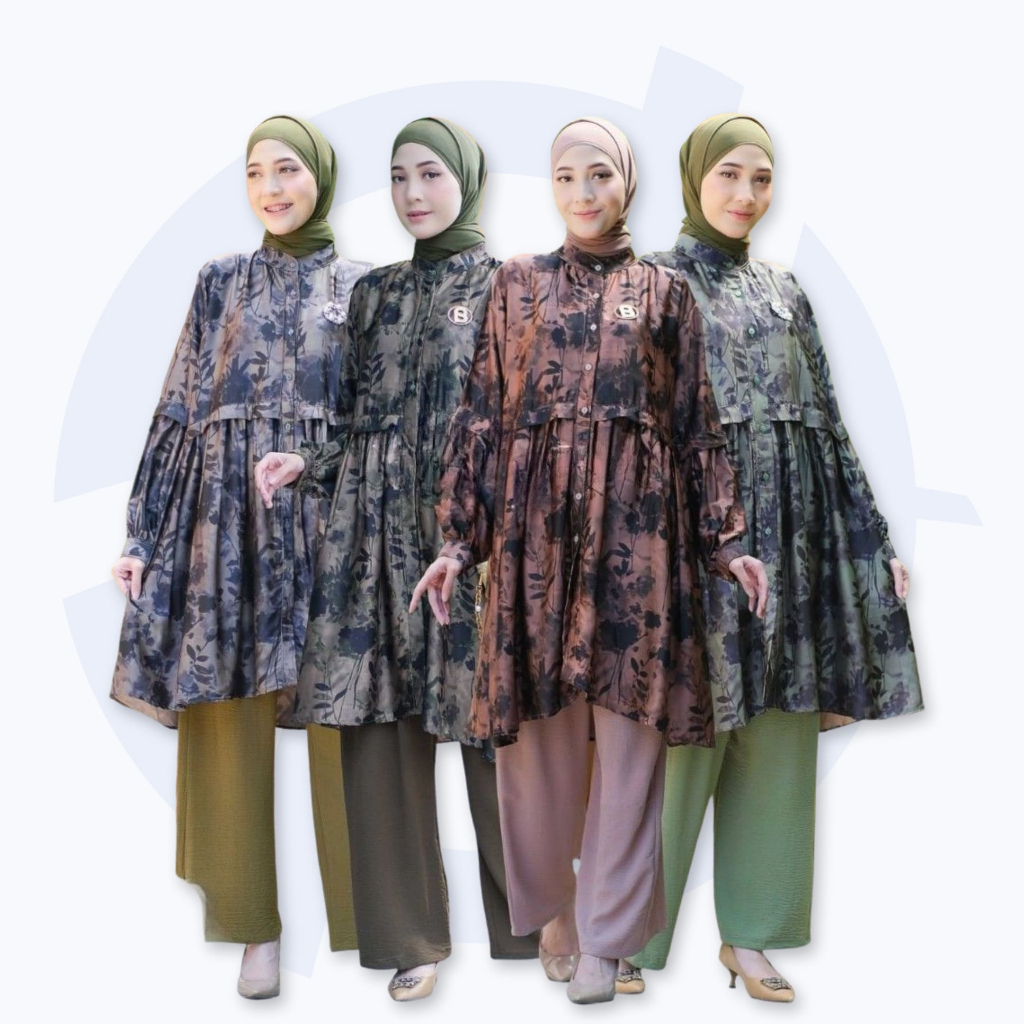 Baju Setelan Tunik dan Kulot Satin Mix Crinkle Motif Bunga Floral One Set Wanita Kekinian LD 110 Sil