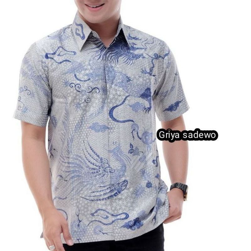 Kemeja Baju Batik Pria Dewasa Lengan Pendek Tulis Kombinasi Motif Naga Abu