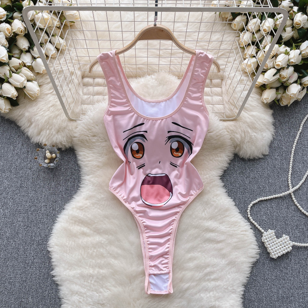 (Bayar Di Tempat) Wanita Lingerie Babydoll Sexy Open Crotch Siam Bikini leher V kawaii Motif One-Piece 3A223