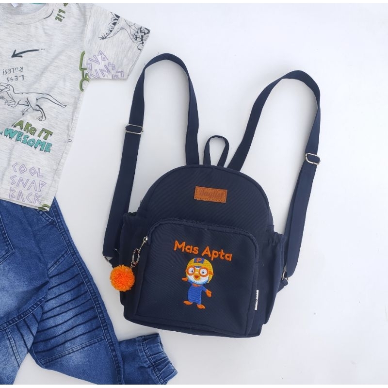 Baglist Tas Anak PAUD TK sekolah kids ransel backpack warna navy polos bordir nama karakter