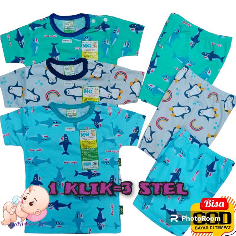 3PASANG MOM'S GIFT AQUATIC ANIMAL SERIES Setelan Baju Bayi Lengan Pendek Celana Pendek Ukuran S M L XL SNI Murah Nyaman Berkualitas