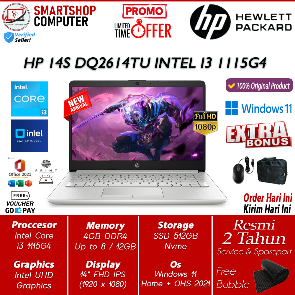 Laptop Baru Murah HP 14s DQ2614TU i3 1115G4 Ram 12GB 512GB SSD 14.0 Windows 11 Original