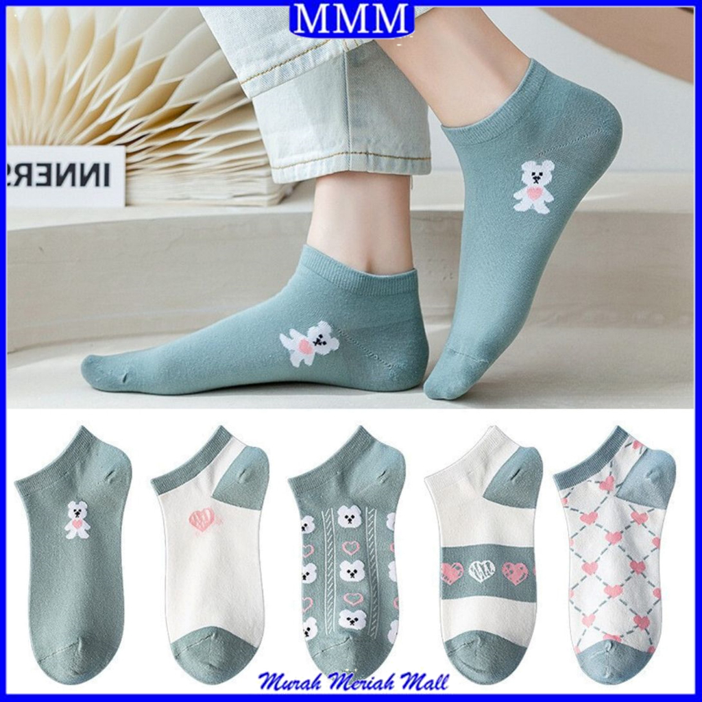 MMM Kaos Kaki Wanita Motif Garis Karakter Lucu 6798 Kaus Kaki Pendek Fashion Korean Unisex Semata Kaki Socks Import