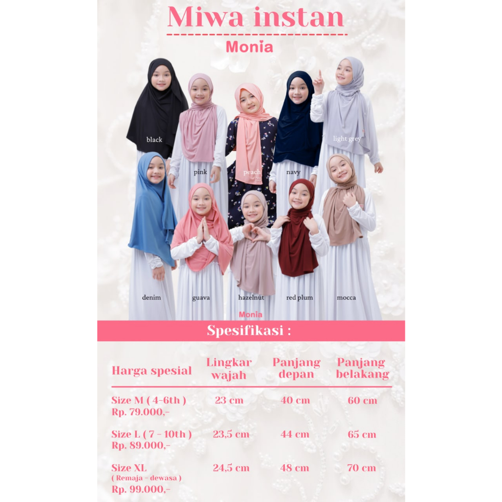 Jilbab pasmina instant Miwa by Monia Hijab bahan jersey premium size M L XL usia 4 tahun - dewasa | pastan anak | kerudung