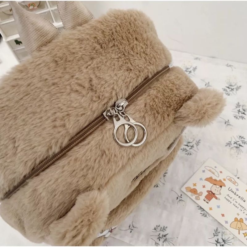 Tas Ransel Wanita Bulu Beruang Happy Bear Tas Perempuan Korean Lucu