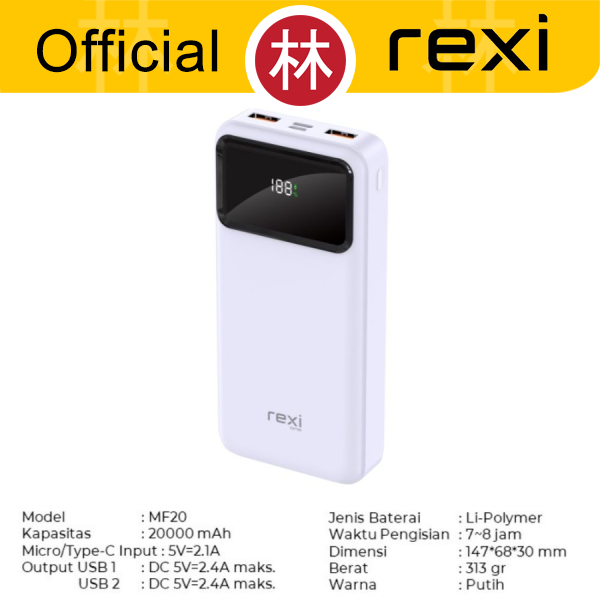 Rexi MF20 Powerbank 20.000 mAh 2 Port with LED Indicator Fast Charging