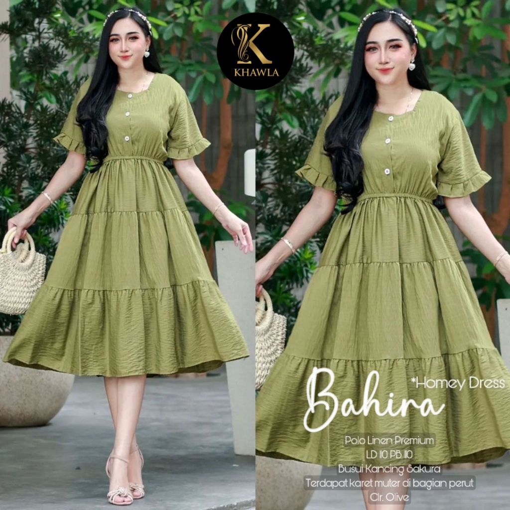 Bahira Homey Dress Wanita Midi Linen Cotton Premium Original By Khayla