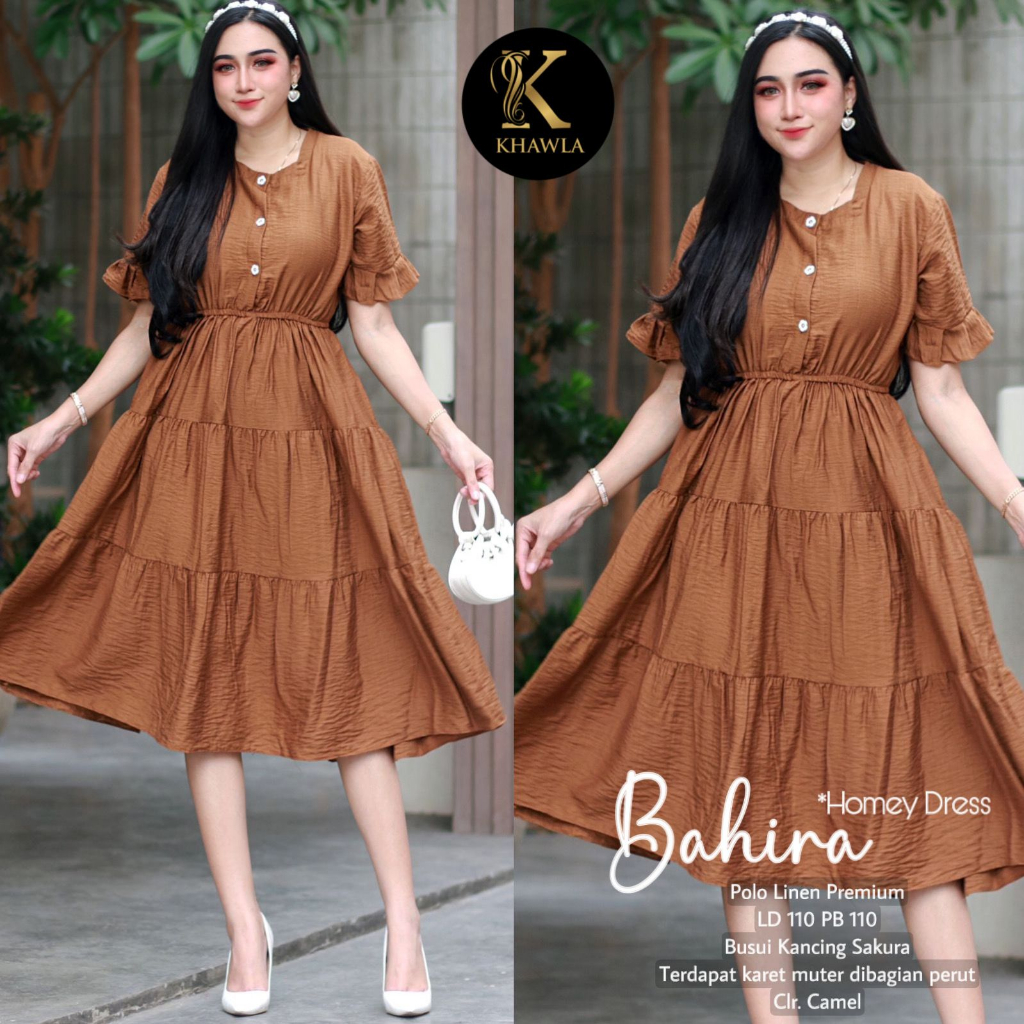 Bahira Homey Dress Wanita Midi Linen Cotton Premium Original By Khayla