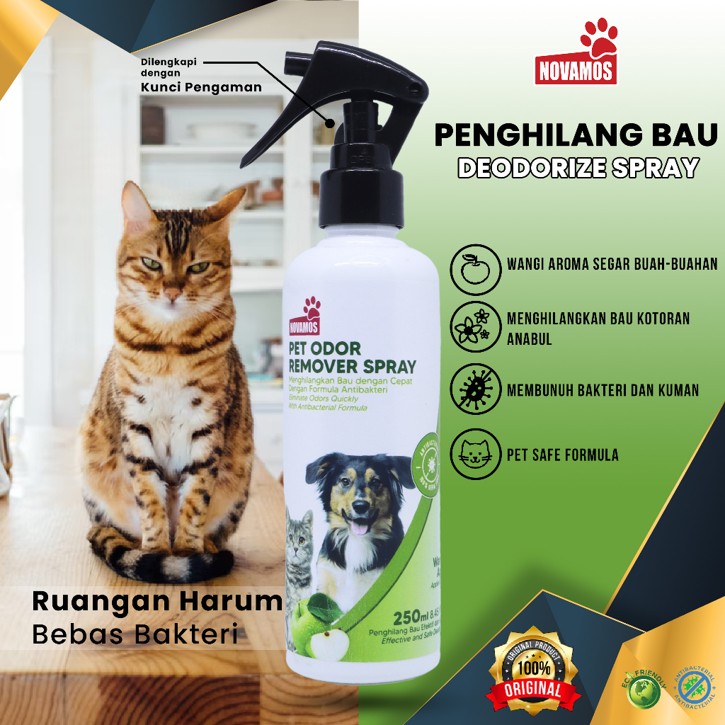 NOVAMOS Penghilang Bau Kotoran Kucing &amp; Anjing Spray - Wangi Apel