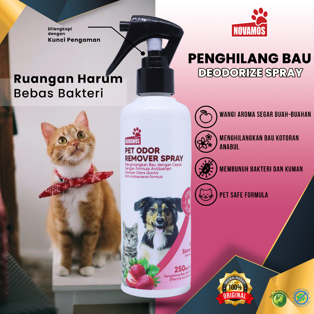 NOVAMOS Penghilang Bau Kotoran Kucing &amp; Anjing Spray -Wangi Strawberry